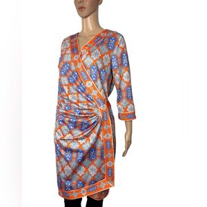 Gretchen Scott Vibrant Orange and Blue Wrap Dress size M